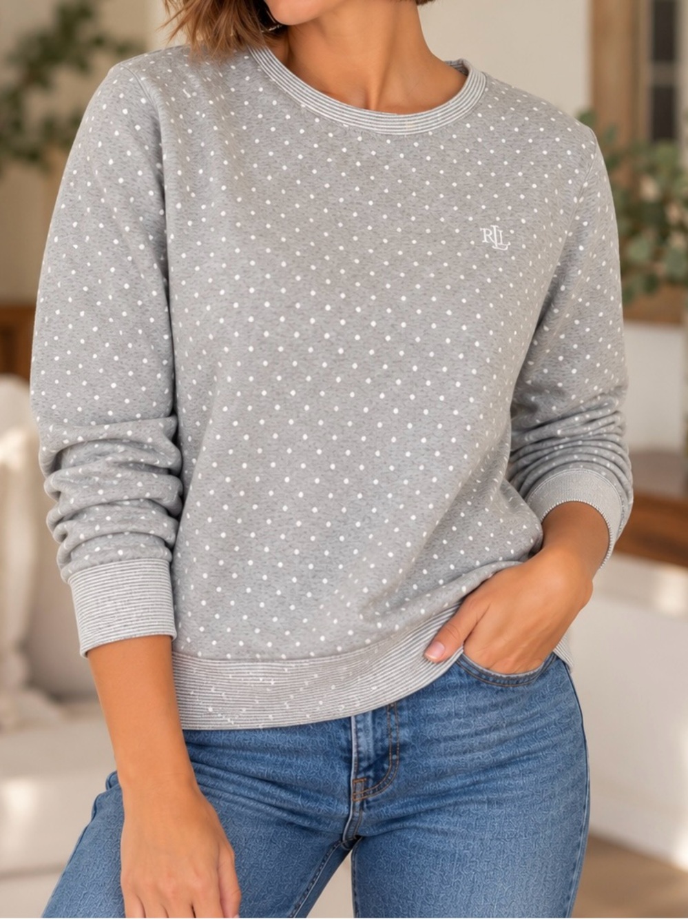 Ralph Lauren Light Gray Polka Dot Crewneck Sweater